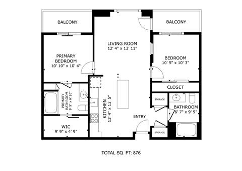 Floor plan for 2 beds, 2 baths, 876 sqft